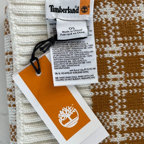Timberland Cozy Casual Acrylic Knit Plaid Scarf Cream & Caramel Brown Sz OS NWT - Picture 9 of 11